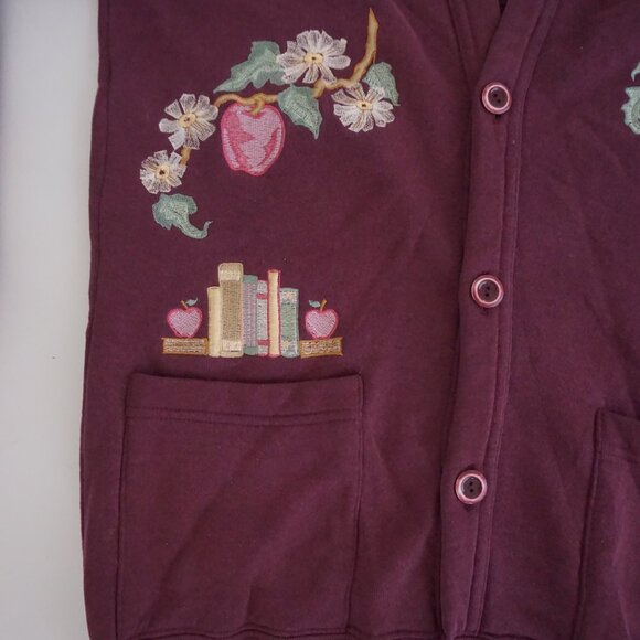Vintage B-Wear Maroon Apple Floral Embroidered Cardigan Teacher Cabincore S - Picture 7 of 9